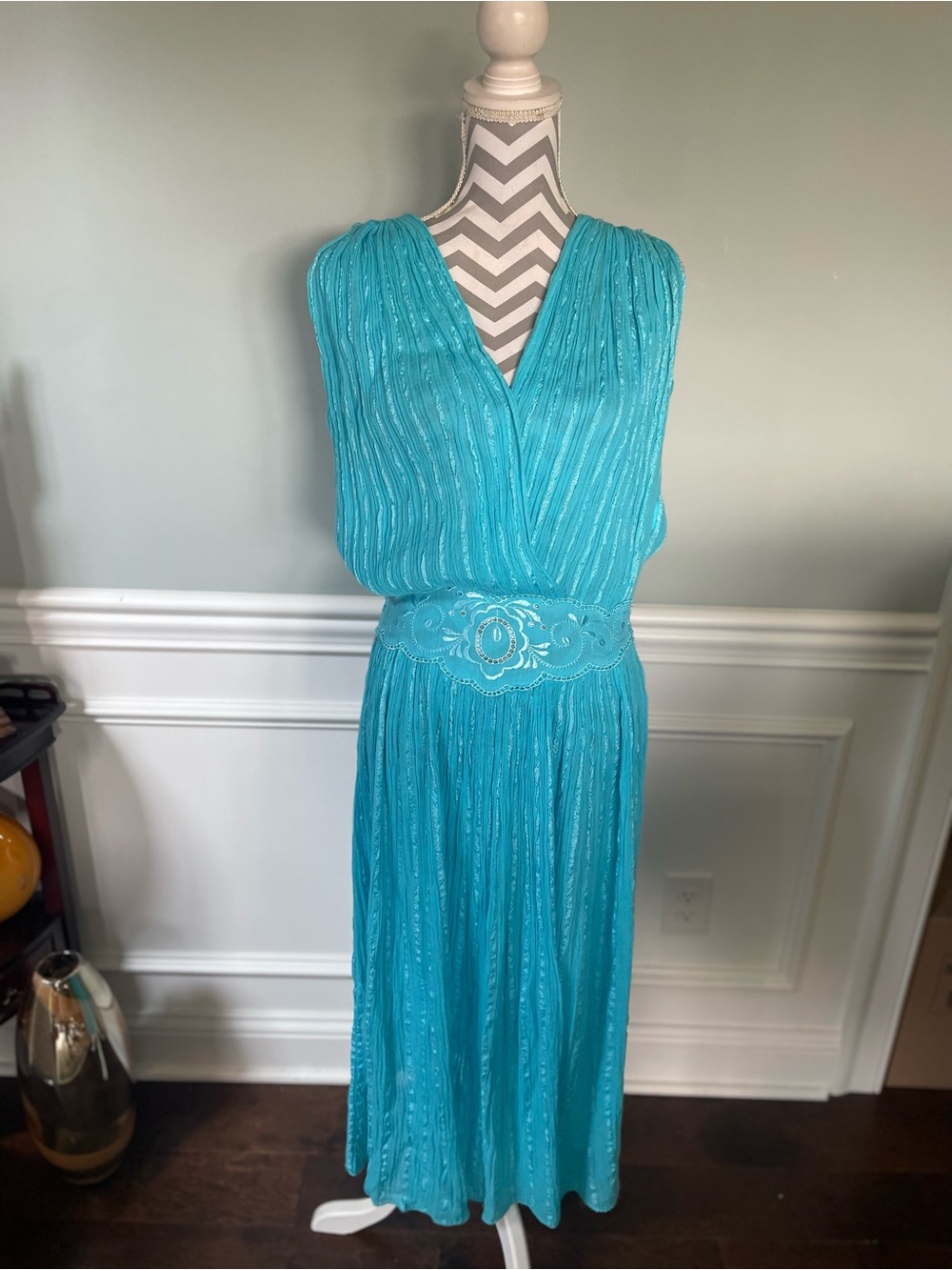 Made in Greece Turquoise Blue Pleated Embellished Waist Maxi Dress Size XL - Picture 2 of 9